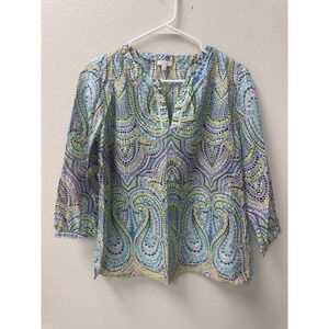 Talbots Paisley Top Womens MP Blue Multi Cotton 3/4 Sleeve Geometric Coasal Boho